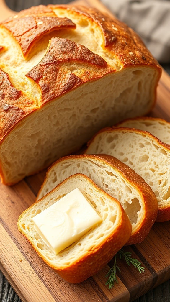 Quick No-Yeast Bread Recipe A loaf of no-yeast bread, sliced to show its soft texture, on a wooden board with butter.